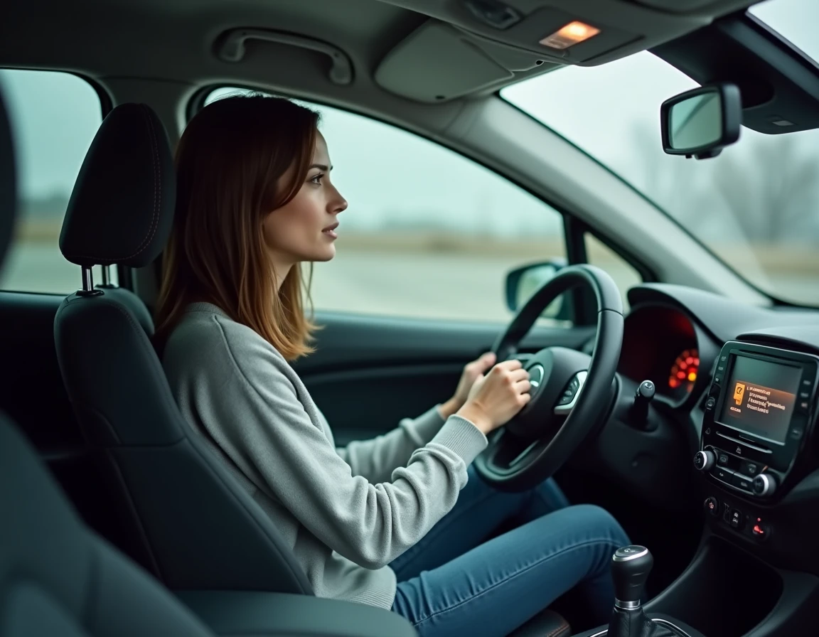 Conductrice inquiète observant le message d'alerte injection sur le tableau de bord numérique d'une Renault Clio 5