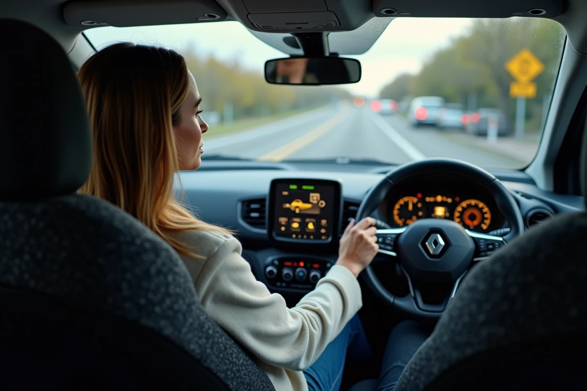 Conductrice consultant l'écran de bord hybride d'une Renault Clio, affichage du flux d'énergie électrique