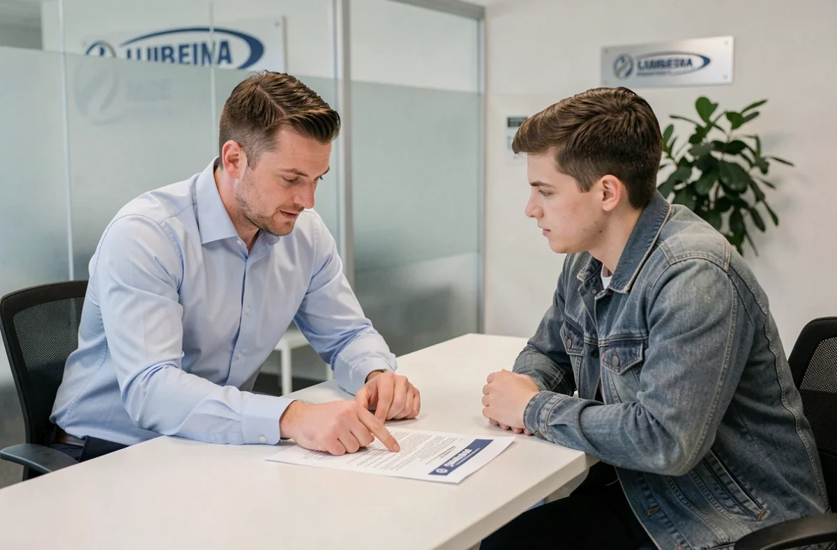 Conseiller en assurance expliquant un contrat moto à un jeune conducteur en agence