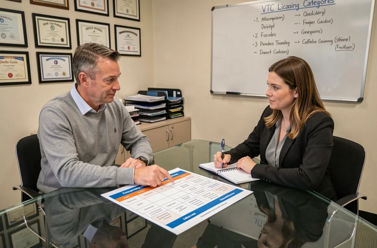 Conseiller expliquant le comparatif entre équivalence et examen complet VTC à une candidate dans un bureau d'auto-école