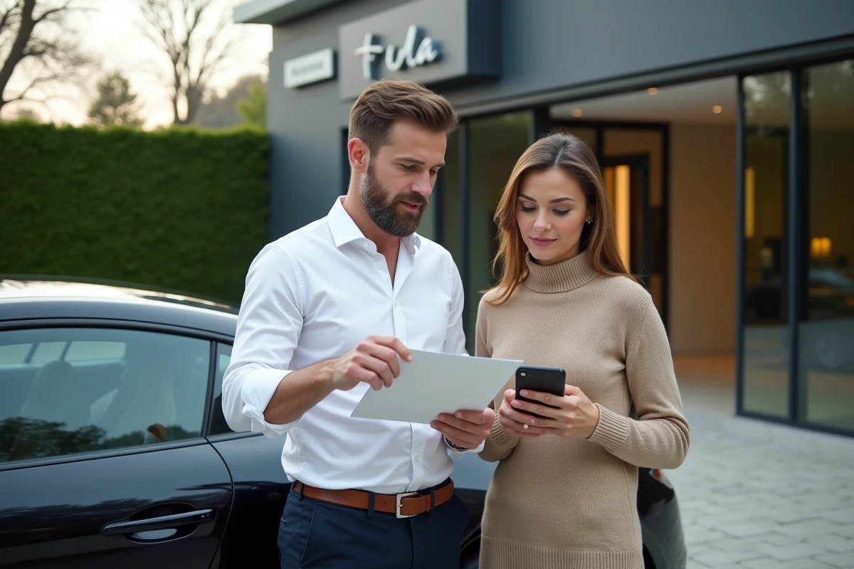 Un conseiller et une cliente examinent ensemble les notes de satisfaction d'un véhicule de luxe devant une concession automobile premium