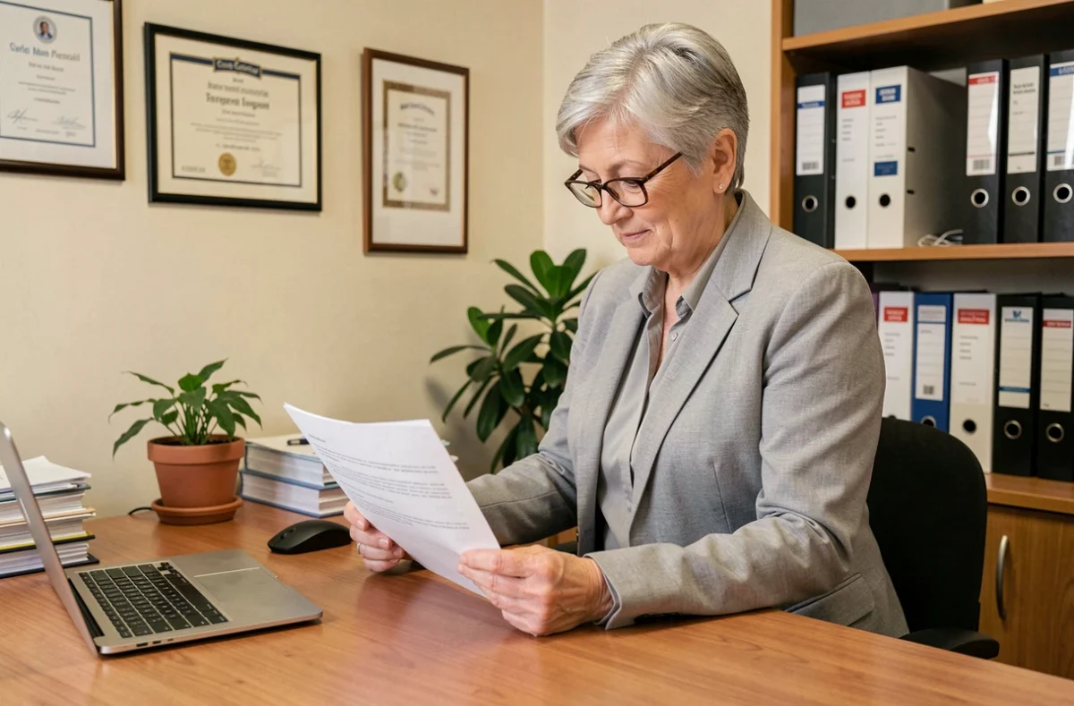 Conseillère en assurance examinant un contrat d'assurance garage pour moto dans un bureau professionnel