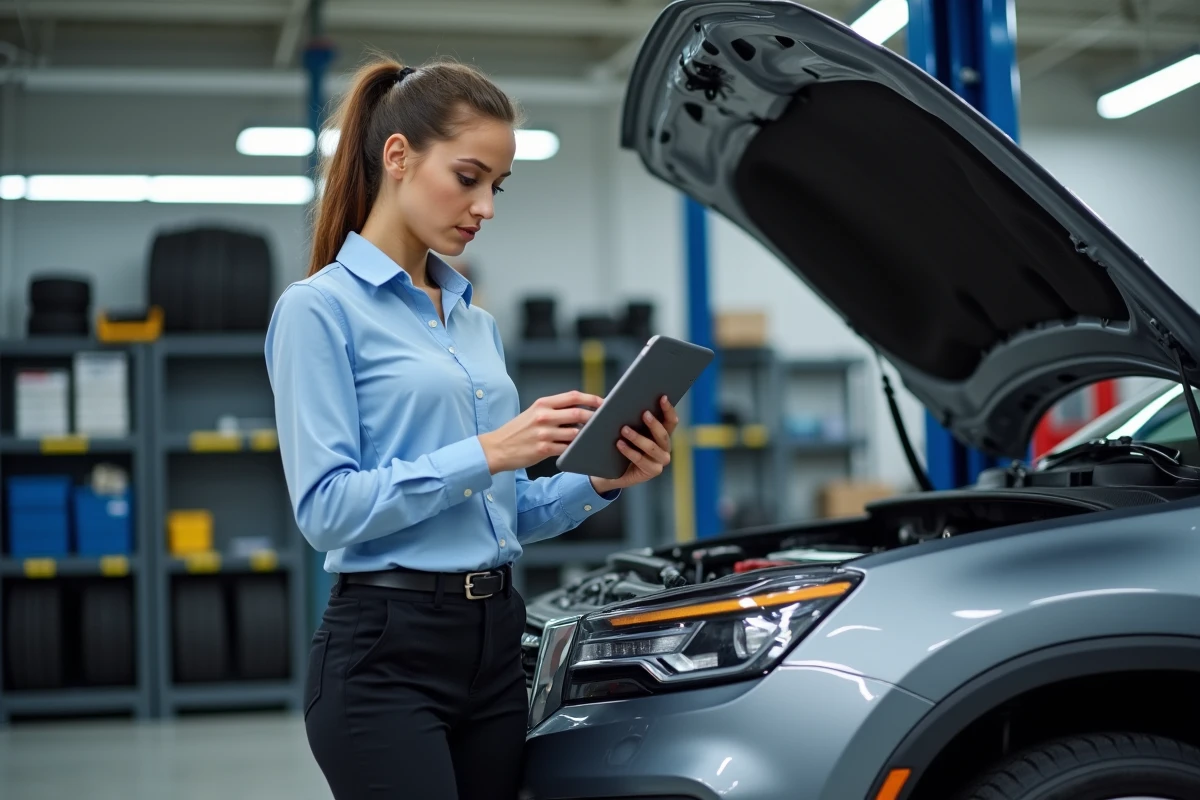 Jeune femme conseillère avec tablette dans un garage moderne