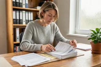 Femme organisant des documents d'assurance voiture dans un classeur à son bureau à domicile