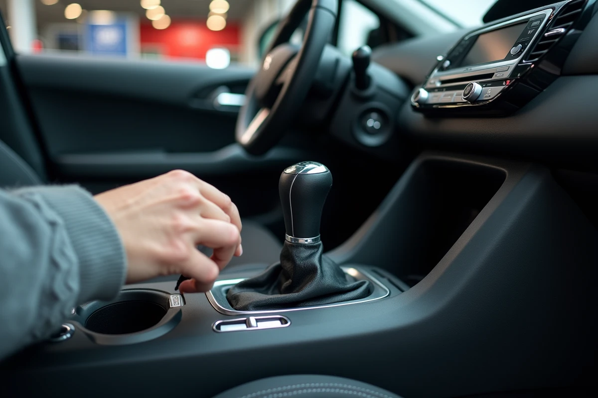 Vérification de la console centrale et du levier de vitesse d'une Peugeot 308 d'occasion chez un concessionnaire