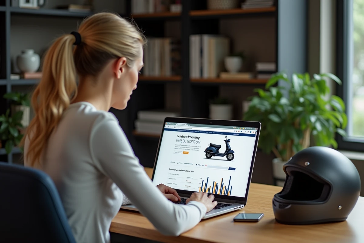 Une femme consultant l'argus des scooters sur un ordinateur portable dans un bureau à domicile