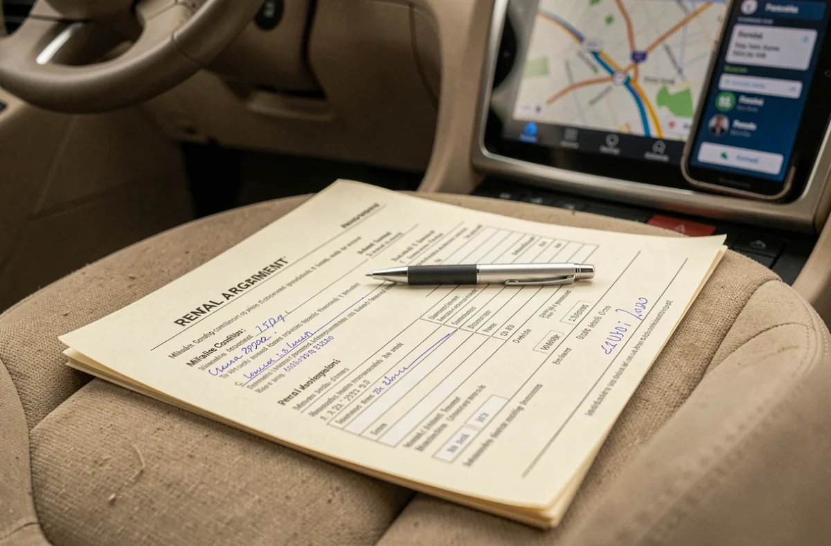 Contrat de location de voiture avec kilométrage illimité posé sur le siège passager