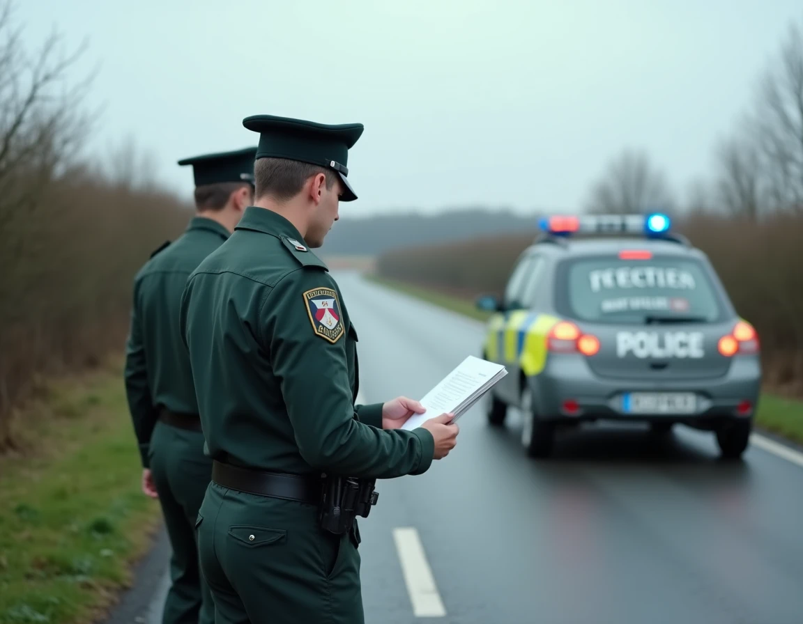 Contrôle routier par un gendarme vérifiant la validité d'une plaque TR de transit sur une route française
