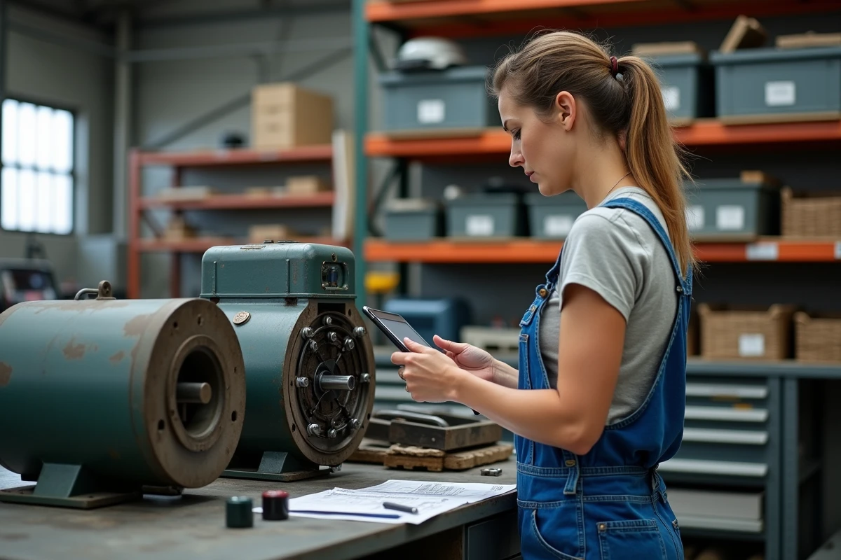 Femme examinant un moteur électrique vintage dans un atelier