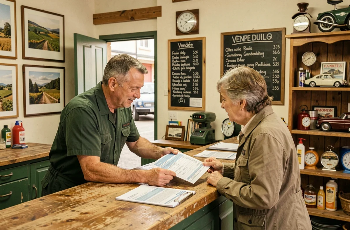 Technicien du Contrôle Technique du Bocage présentant un rapport d'inspection à une cliente au comptoir du centre indépendant en Vendée