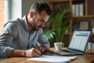 Homme calculant la conversion CV en kW sur un bloc-notes à côté d'une fiche de véhicule d'occasion