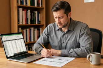Ingénieur consultant un tableau de conversion mph en km/h sur un bureau en bois avec un ordinateur portable