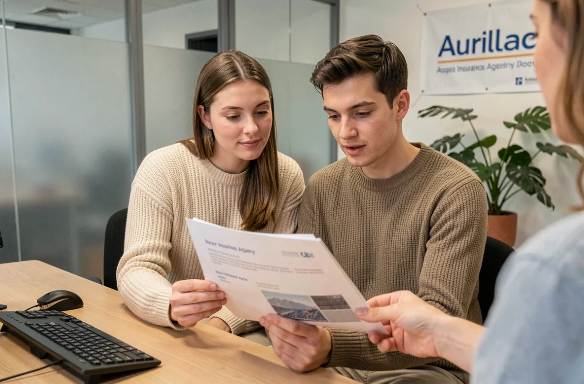 Couple en agence d'assurance auto à Aurillac examinant un devis personnalisé