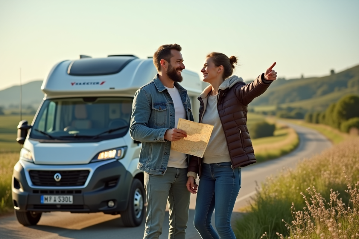 Couple souriant près d'un van compact en campagne française