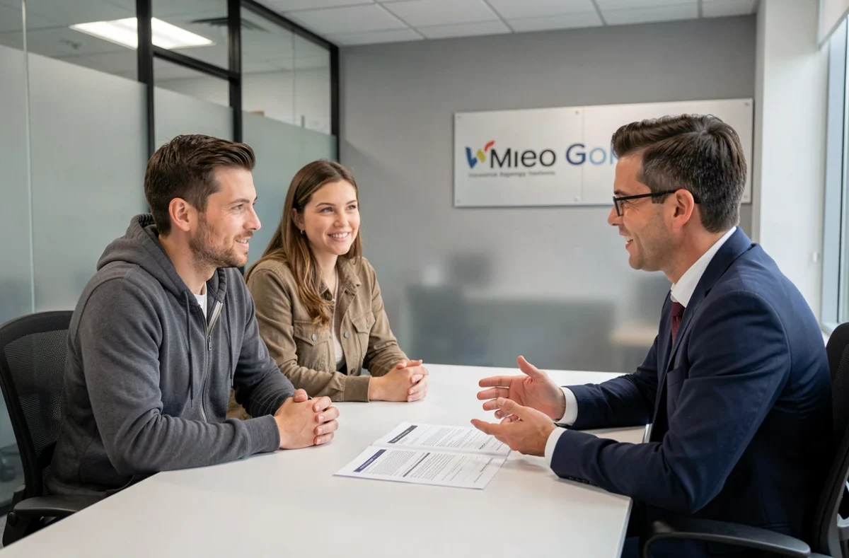 Couple en rendez-vous avec un conseiller en agence d'assurance pour changer de contrat auto