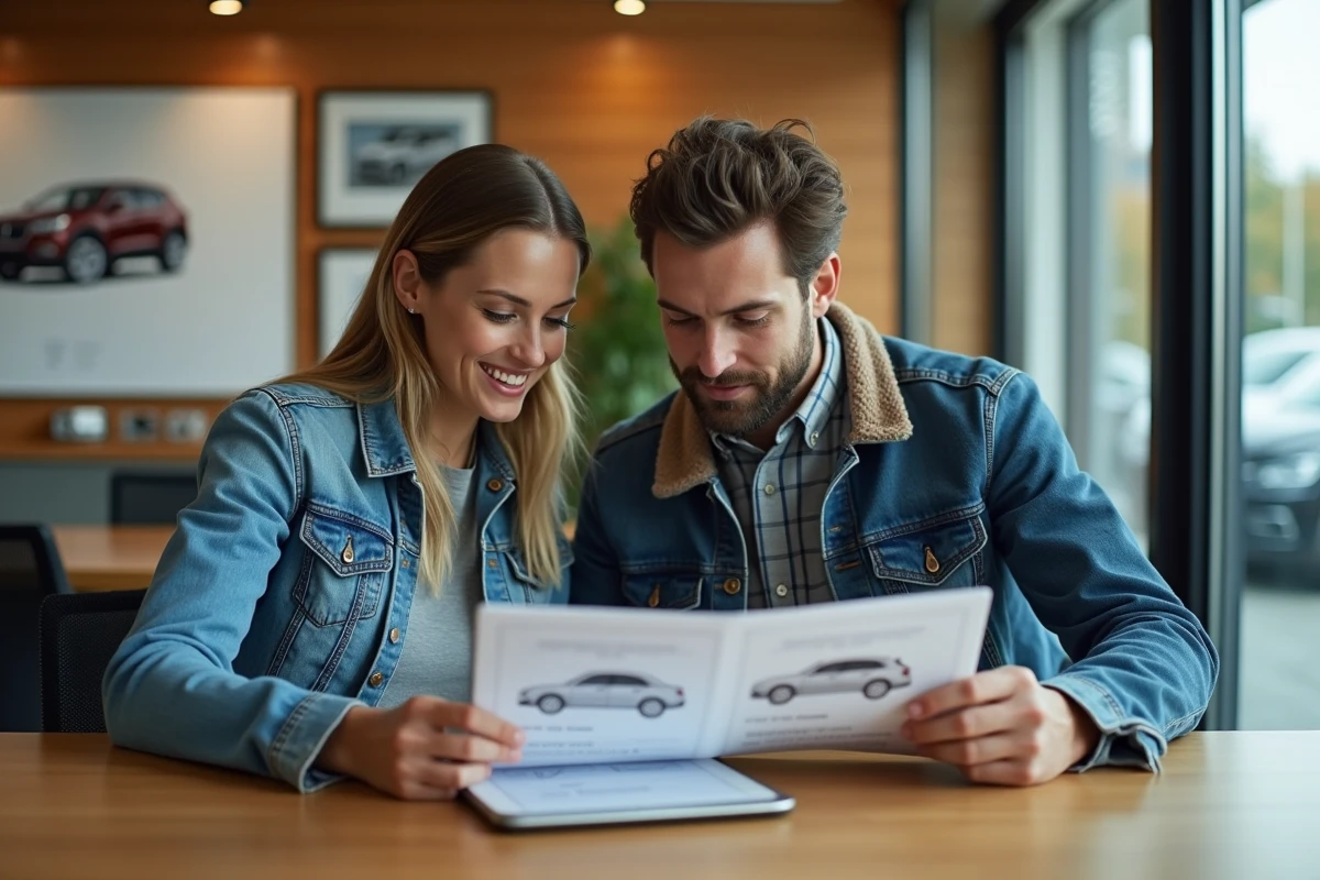 Couple étudiant les dimensions d'un véhicule sur brochure et tablette dans un bureau de concession avant signature