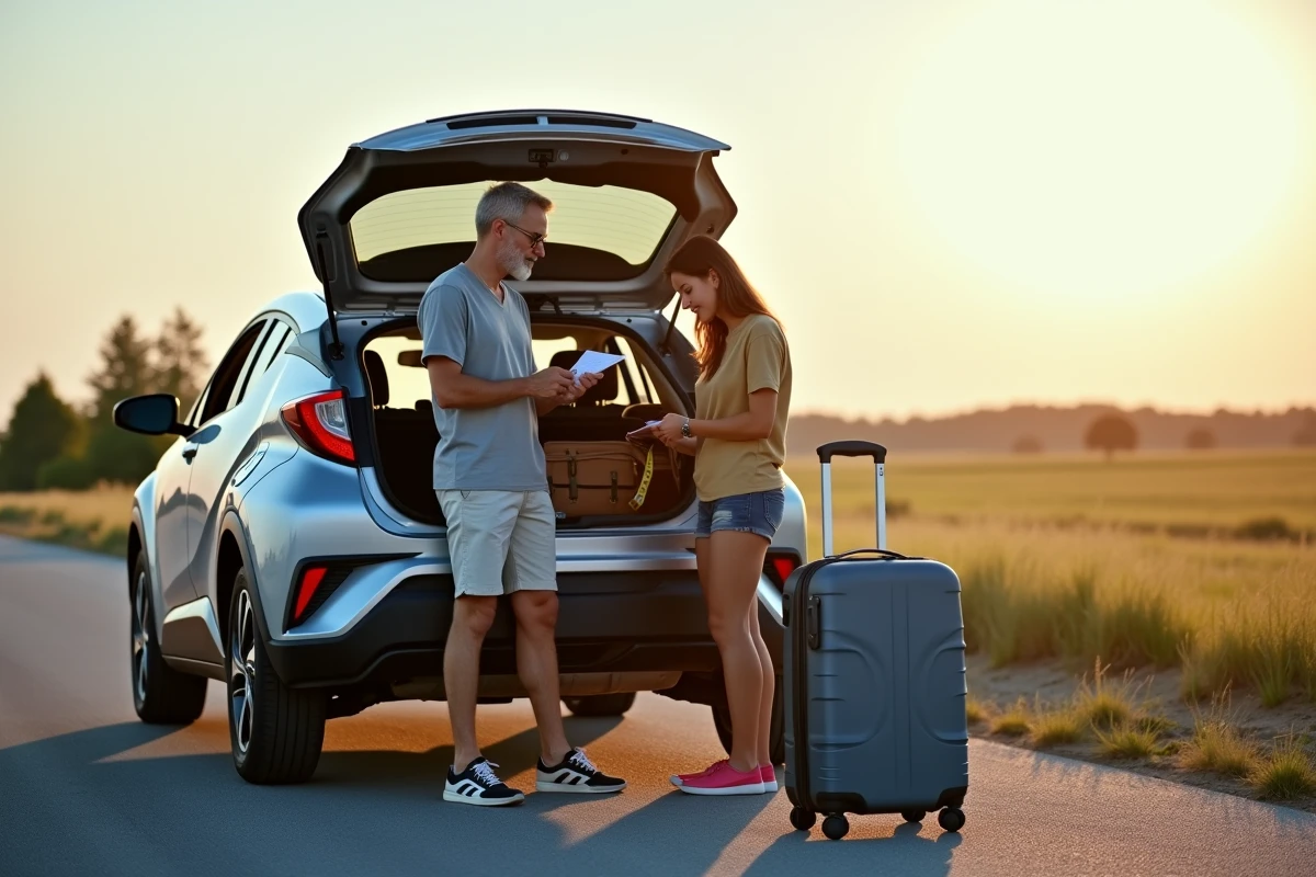 Couple mesurant le coffre d'une Toyota C-HR avec un mètre ruban sur une aire d'autoroute avant un départ en vacances