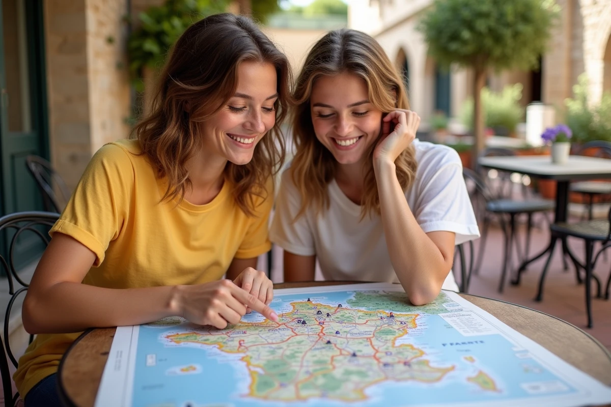 Couple planifiant un voyage sur une carte autoroutière de France à la terrasse d'un café en Provence