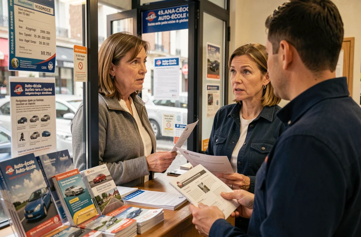 Femme adulte en démarche administrative dans une auto-école française pour repasser le code de la route
