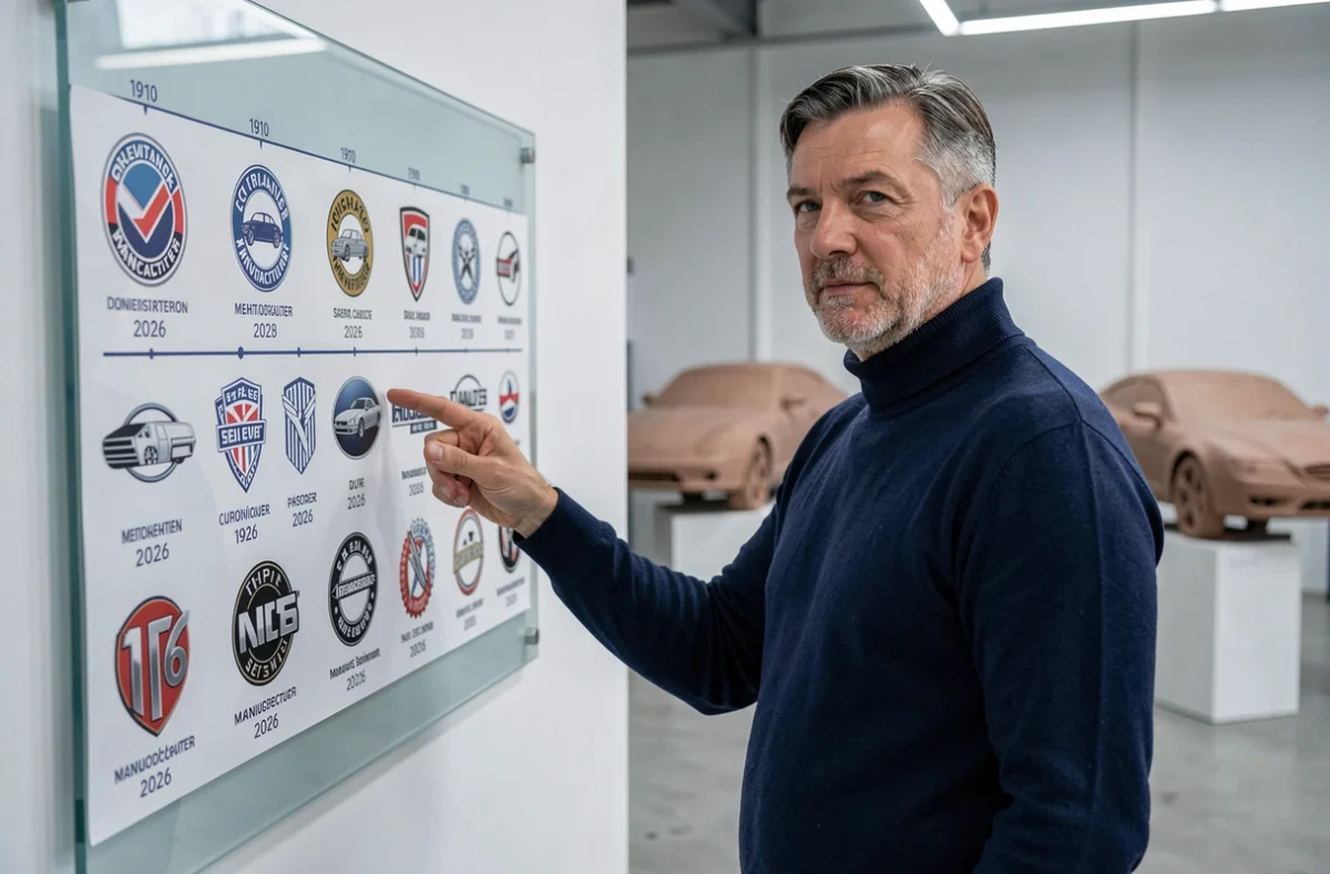 Designer automobile en pull marine étudiant une chronologie des logos de marques automobiles de 1910 à 2026 sur un mur en verre dépoli