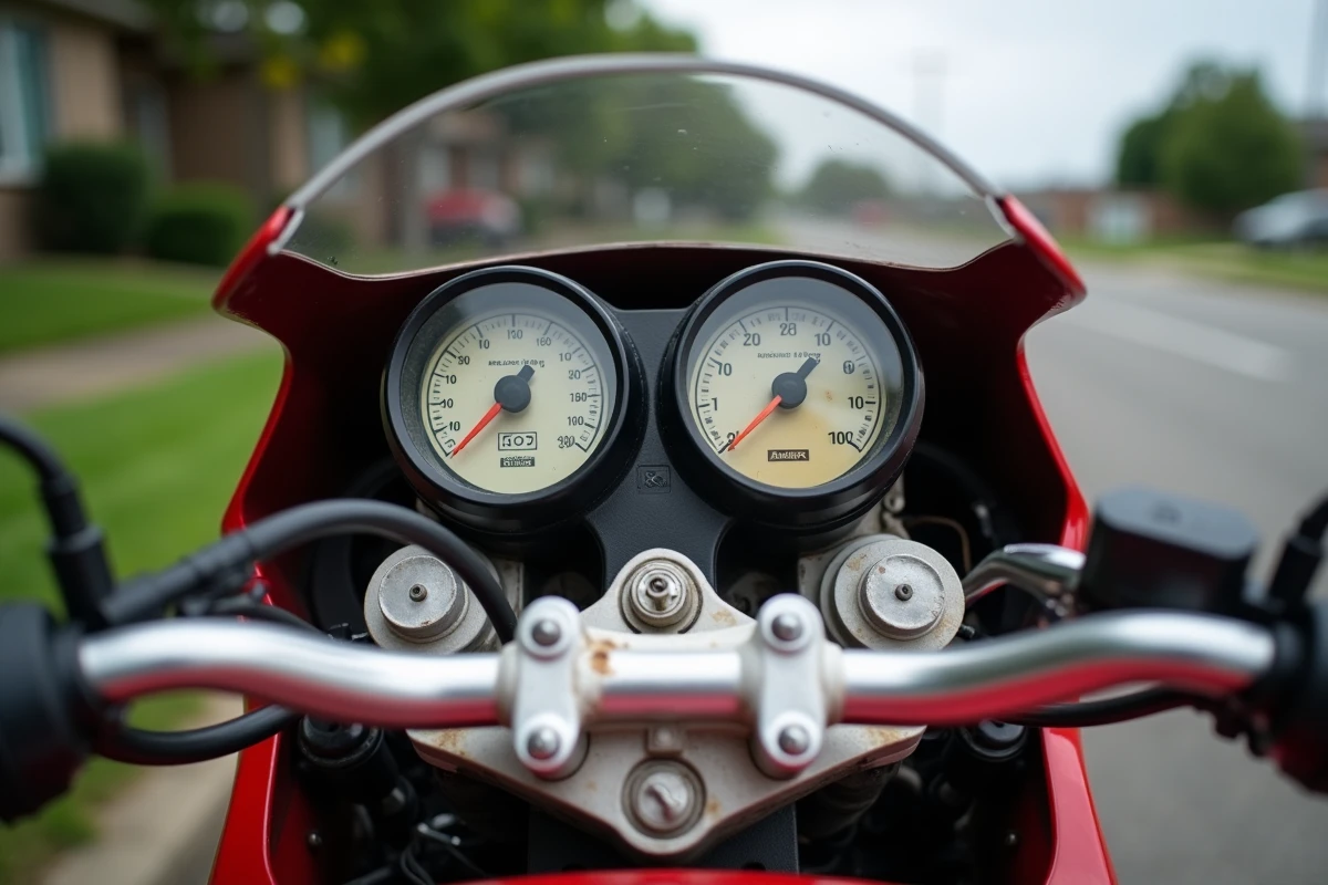 Gros plan sur le tableau de bord et les fourches avant d'une GSXR 1100 1992, détails d'usure à vérifier avant l'achat