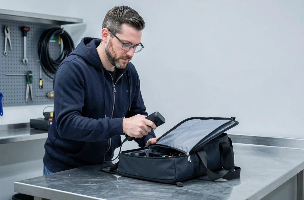 Homme utilisant un détecteur de signal RF pour repérer un mouchard caché dans un sac en atelier