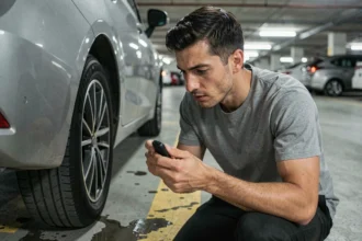 Homme découvrant un traceur GPS magnétique caché sous un véhicule dans un parking souterrain