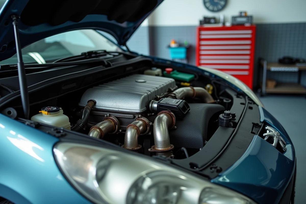 Diagnostic OBD sur une Peugeot 207 avec système antipollution défaillant, scanner branché au tableau de bord