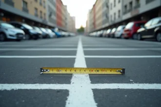 Mesure des dimensions d'une place de parking extérieure avec un mètre ruban posé sur l'asphalte, normes NF visibles