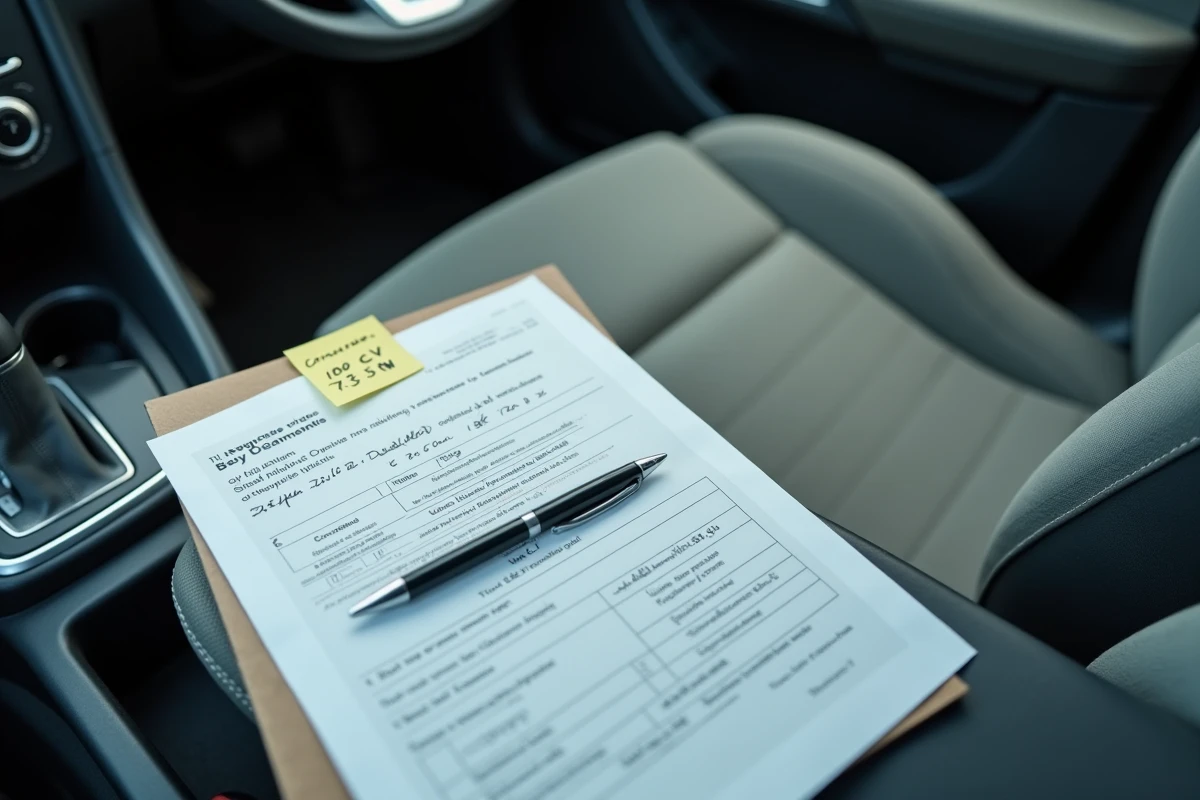 Gros plan sur un document de carte grise et une note de conversion CV en kW posés sur le tableau de bord d'une voiture d'occasion