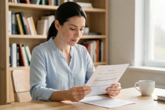 Femme consultant des documents pour assurer sa voiture à son bureau à domicile