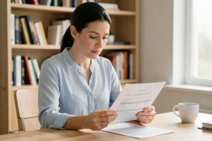 Femme consultant des documents pour assurer sa voiture à son bureau à domicile