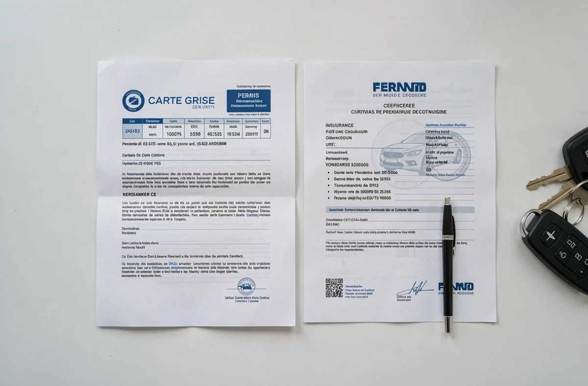 Documents nécessaires pour assurer une voiture disposés en flat lay sur un bureau blanc