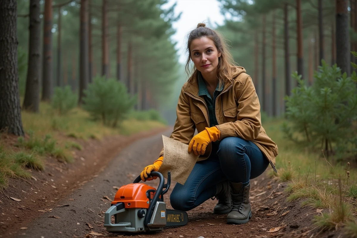 Femme consultant un tableau de dosage mélange essence huile à côté d'une tronçonneuse en forêt