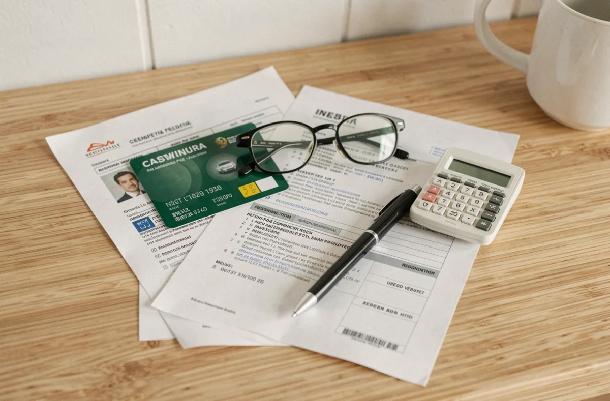 Vue aérienne de documents d'assurance voiture, carte verte et calendrier posés sur une table en bois