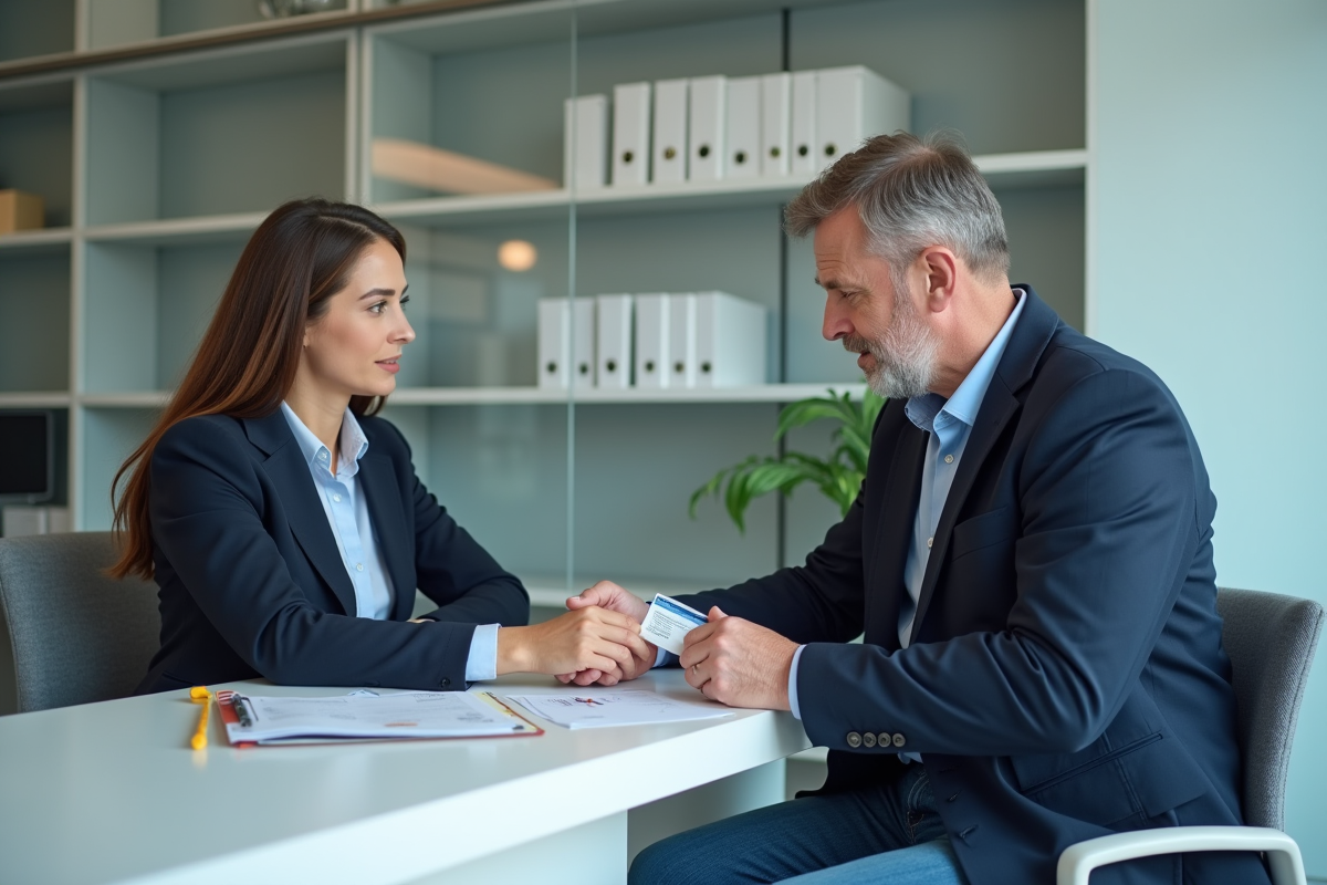 Homme d'âge moyen échange son permis avec une agente d'assurance
