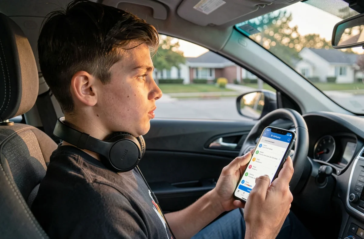 Jeune homme s'entraînant oralement aux questions du permis de conduire sur son smartphone dans une voiture
