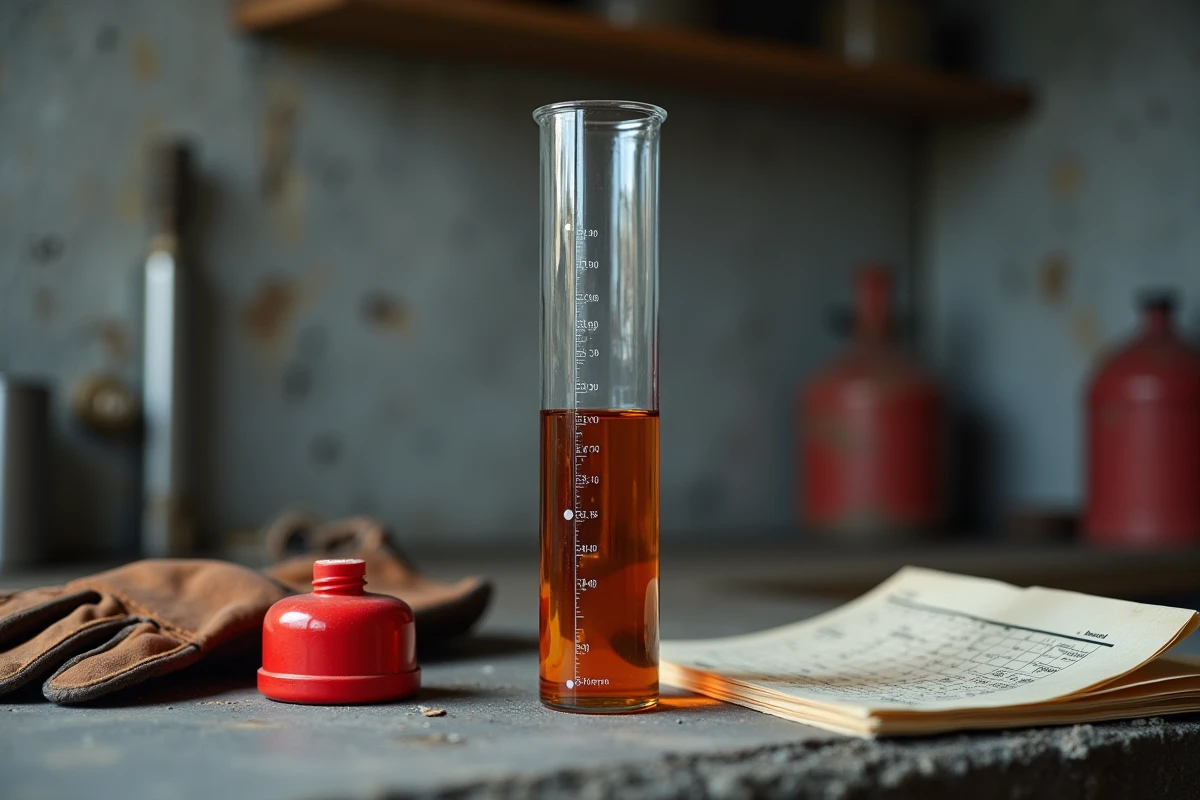 Éprouvette graduée avec mélange huile essence sur un établi, dosage précis pour moteur deux temps