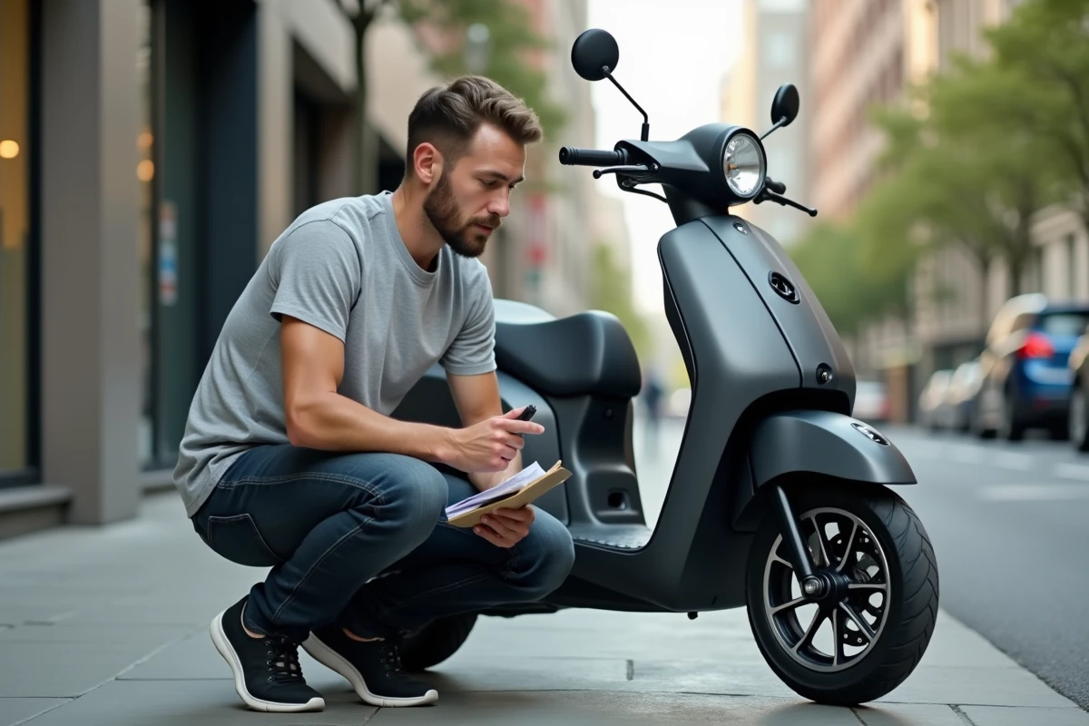 Un homme évaluant la valeur d'un scooter urbain moderne en inspectant sa carrosserie sur un trottoir de ville