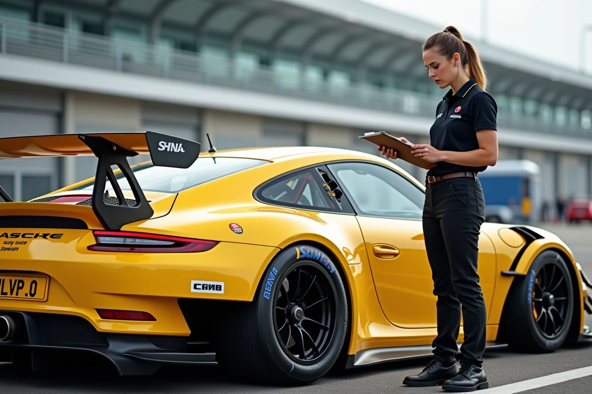 Consultante motorsport évaluant une Porsche GT3 Cup dans le paddock d'un circuit pour estimation de revente