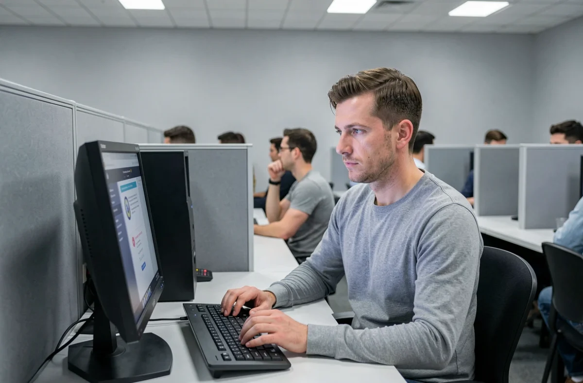 Homme passant l'examen du code de la route sur ordinateur dans une salle d'examen officielle