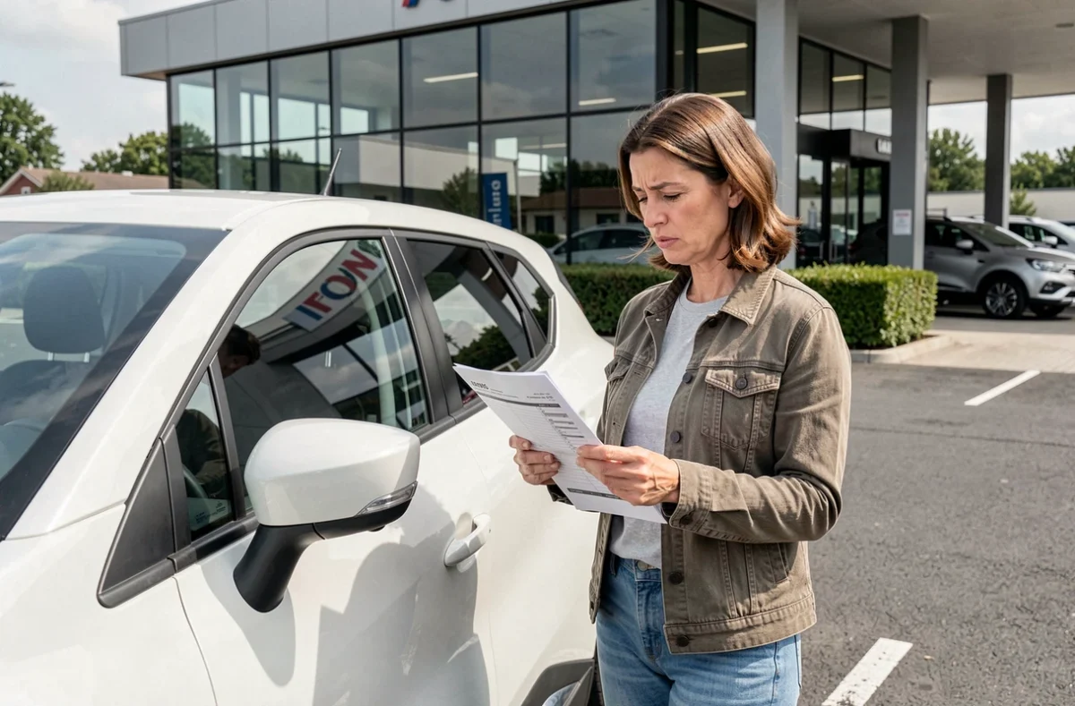 Femme consultant une facture de révision à côté de sa Renault Captur blanche devant un centre automobile
