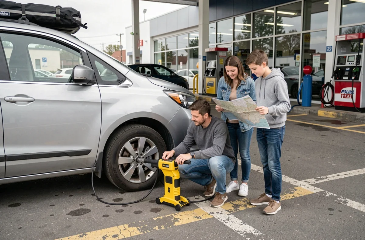Une famille vérifie la pression des pneus de leur monospace avec un gonfleur électrique dans une station-service avant de prendre la route