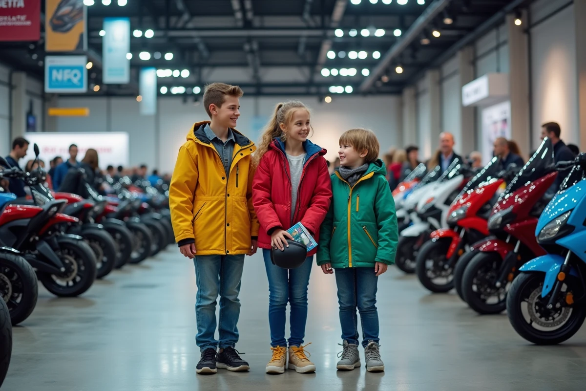 Famille souriante découvrant des motos modernes en exposition