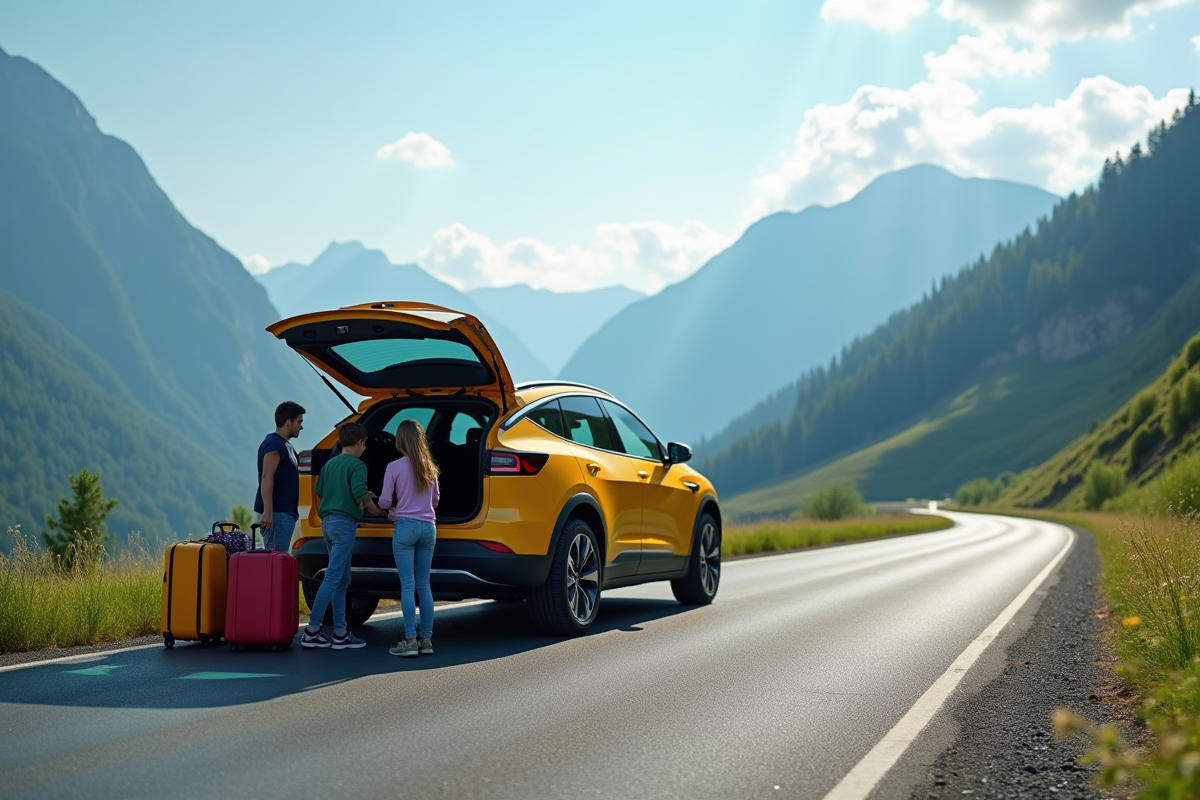 Famille en voyage avec SUV électrique sur une route de montagne