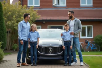 Famille de quatre près d'une voiture moderne dans une allée