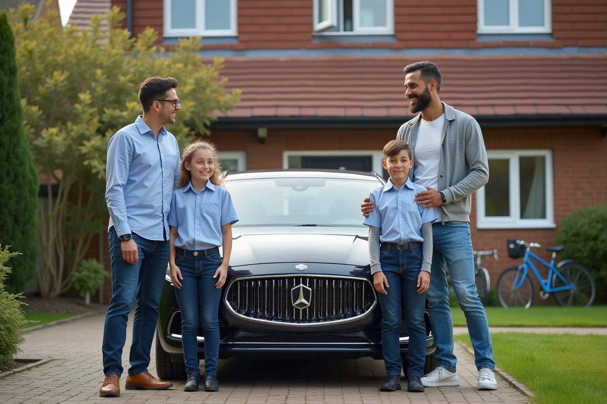 Famille de quatre près d'une voiture moderne dans une allée