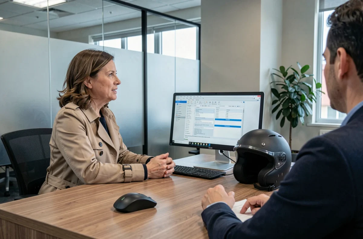 Femme en agence d'assurance discutant d'une solution scooter après résiliation de contrat