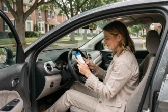 Femme consultant une application de suivi kilométrique dans sa voiture pour son assurance auto au kilomètre