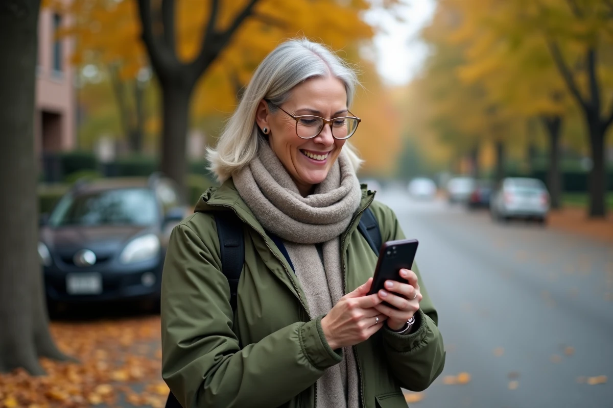 Femme souriante avec smartphone dans une rue automnale